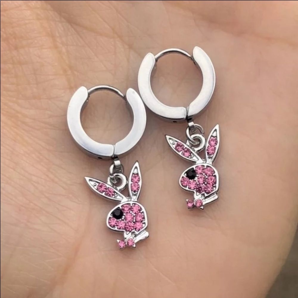Pink rhinestone playboy bunny hoop dangling earrings
